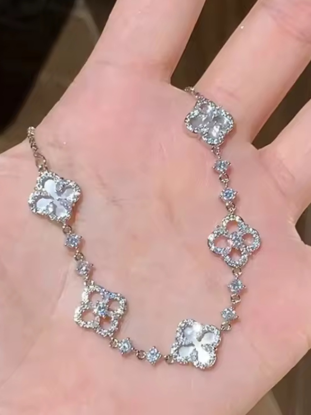 Silver Clover Link Bracelet with Clear Stones